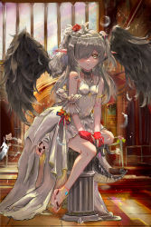 Rule 34 | 1girl, absurdres, ahoge, arknights, bare shoulders, black wings, breasts, brown eyes, closed mouth, collarbone, commentary request, crocodilian tail, dress, feathered wings, feathers, flower, gloves, grey feathers, grey hair, hair flower, hair ornament, hair over one eye, highres, indoors, long hair, looking at viewer, mine (9898233), pillar, pointy ears, red flower, red gloves, red rose, rose, sitting, sleeveless, sleeveless dress, small breasts, soles, solo, tail, tomimi (arknights), two side up, very long hair, wedding dress, white dress, window, wings