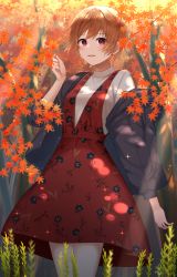 Rule 34 | 1girl, black jacket, blonde hair, blush, dress, floral print, forest, highres, holding, holding leaf, idolmaster, idolmaster shiny colors, jacket, jacket partially removed, leaf, looking at viewer, maple leaf, natsumejin, nature, outdoors, red dress, red eyes, saijo juri, short hair, smile, solo, sparkle
