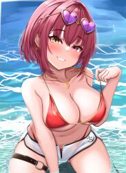 Rule 34 | 1girl, absurdres, bare shoulders, bikini, bikini under clothes, blush, breasts, cleavage, collarbone, dolphin shorts, earrings, eyewear on head, grin, hachi7515, hair between eyes, heart, heart-shaped eyewear, heart earrings, heart necklace, heterochromia, highres, hololive, houshou marine, houshou marine (summer), jewelry, large breasts, looking at viewer, navel, necklace, o-ring, o-ring thigh strap, official alternate costume, red bikini, red eyes, red hair, short hair, short shorts, shorts, smile, solo, string bikini, sunglasses, swimsuit, teeth, thigh strap, twintails, virtual youtuber, white shorts, yellow eyes
