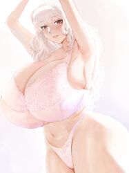 Rule 34 | 1girl, absurdres, alternate breast size, armpits, arms up, blush, bra, breasts, cleavage, cowboy shot, curvy, gigantic breasts, grey hair, hairband, highres, idolmaster, idolmaster (classic), kumako (kumakonoh), lingerie, long hair, looking at viewer, navel, panties, parted lips, purple eyes, shijou takane, simple background, smile, solo, thick thighs, thighs, underwear, underwear only, white bra, white hairband, white panties, wide hips