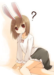Rule 34 | 1girl, ?, animal ears, brown eyes, brown hair, rabbit ears, jirou (chekoro), short hair, skirt, solo