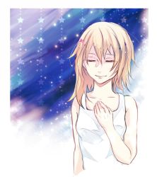 Rule 34 | 1girl, aburisa monn, bare shoulders, blonde hair, breasts, closed mouth, collarbone, dress, closed eyes, hand on own chest, kingdom hearts, kingdom hearts ii, long hair, namine, smile, solo, star (sky), white dress