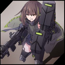 Rule 34 | 1girl, assault rifle, black background, black border, black gloves, black thighhighs, border, brown eyes, brown hair, clenched teeth, commentary request, cursed m4a1 (meme), elbow gloves, girls&#039; frontline, gloves, green hair, green sweater, grey background, gun, hair between eyes, highres, holding, holding gun, holding weapon, kuro kosyou, looking away, m4 carbine, m4a1 (girls&#039; frontline), m4a1 (mod3) (girls&#039; frontline), multicolored hair, name connection, object namesake, ribbed sweater, rifle, solo, standing, standing on one leg, streaked hair, sweater, teeth, thighhighs, two-tone background, v-shaped eyebrows, weapon