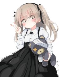 Rule 34 | 1girl, bandages, black bow, black skirt, blush, boko (girls und panzer), bow, bowtie, buttons, collared shirt, girls und panzer, grey eyes, grey hair, hair between eyes, holding, holding stuffed toy, long hair, long sleeves, looking at viewer, not on shana, shimada arisu, shirt, simple background, skirt, solo, stuffed animal, stuffed toy, suspender skirt, suspenders, teddy bear, two side up, v, white background, white shirt