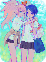 Rule 34 | 2girls, alternate costume, arms around neck, arms around shoulders, bag, black hair, black skirt, blonde hair, blue background, blue eyes, blush, bow, brown jacket, carrying bag, closed mouth, clothes around waist, collared shirt, danganronpa: trigger happy havoc, danganronpa (series), ears, embarrassed, enoshima junko, fingernails, freckles, gradient background, green background, hair bow, hair ornament, highres, holding, holding bag, hug, ikusaba mukuro, incest, jacket, jacket around waist, long hair, looking at another, multicolored bow, multiple girls, nail polish, one eye closed, open mouth, pleated skirt, purple eyes, rabbit hair ornament, red bow, red nails, shirt, siblings, simple background, sisters, skirt, smile, sweatdrop, thighs, twincest, twins, white bow, white shirt, wink, yuri