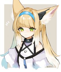 Rule 34 | 1girl, ^^^, alternate hairstyle, andou yuna, animal ear fluff, animal ears, arknights, bare shoulders, blonde hair, blue hairband, blush, border, brown background, closed mouth, cropped torso, fox ears, green eyes, hairband, highres, long hair, looking at viewer, multicolored hair, outside border, simple background, smile, solo, suzuran (arknights), twintails, twitter username, two-tone hair, upper body, white border, white hair