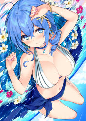 Rule 34 | 1girl, arm up, bare shoulders, bead bracelet, beads, bikini, blue eyes, blue hair, bracelet, breasts, caustics, choker, cleavage, cloud, collarbone, commentary request, cu-no, day, earrings, flower, halterneck, halterneck, hisen kaede, hoop earrings, jewelry, kohitsuji ai, large breasts, long hair, looking at viewer, lying, nail polish, navel, on back, outdoors, petals, pink flower, pink nails, sarong, smile, solo, star (symbol), stomach, swimsuit, upside-down, water, white bikini, white flower