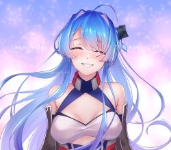 Rule 34 | 1girl, ^ ^, absurdres, ahoge, azur lane, bare shoulders, blue background, blue dress, blue hair, blush, breasts, cleavage, closed eyes, collarbone, commentary request, dated, detached sleeves, dress, eyebrows hidden by hair, gloves, grin, hair between eyes, hair intakes, hair ornament, halterneck, happy birthday, helena (azur lane), highres, kurono hyouka, long hair, medium breasts, sidelocks, sleeveless, sleeveless dress, smile, solo, standing, twitter username, upper body, very long hair