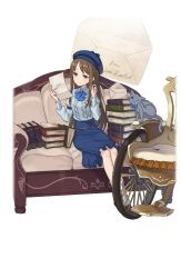Rule 34 | 1girl, black cat, blue hat, blue skirt, book, book stack, brown eyes, brown hair, cat, couch, full body, hat, highres, letter, long hair, official art, on couch, princess principal, princess principal game of mission, reading, scratching cheek, shirley collins, sitting, skirt, transparent background, very long hair, watch, wheelchair, white footwear