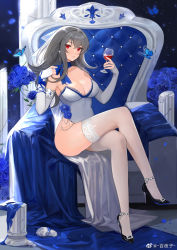 1girl, absurdres, azur lane, breasts, bridal gauntlets, bug, butterfly, choker, cleavage, cross, cross earrings, cup, dress, drinking glass, earrings, elbow gloves, fingerless gloves, flower, full body, gloves, grey hair, high heels, highres, insect, jewelry, large breasts, legs crossed, long hair, looking at viewer, mole, mole under eye, no panties, parted lips, red eyes, ribbon choker, saint-louis (brilliant paladin) (azur lane), side slit, sidelocks, sitting, solo, thighhighs, weibo username, white dress, white gloves, white legwear, wine glass, yayako (804907150)