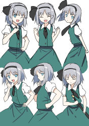 Rule 34 | 1girl, black hairband, black necktie, blue eyes, buttons, closed eyes, closed mouth, collar, collared shirt, dress, e.o., from side, green dress, grey hair, hairband, hand on own hip, hand up, hands up, happy, highres, katana, konpaku youmu, looking at viewer, looking to the side, necktie, one eye closed, open mouth, puffy short sleeves, puffy sleeves, serious, shirt, short hair, short sleeves, simple background, smile, solo, standing, sword, touhou, weapon, white background, white shirt, white sleeves
