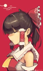 Rule 34 | 1girl, ascot, bare shoulders, boa (brianoa), bow, brown hair, closed eyes, closed mouth, from side, hair bow, hair tubes, hakurei reimu, highres, ponytail, profile, red background, red bow, simple background, solo, touhou, twitter username, upper body, yellow ascot