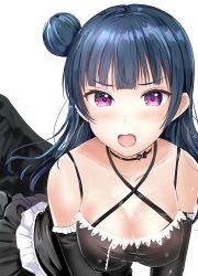 Rule 34 | 1girl, black choker, black dress, black gloves, blush, bow, breasts, choker, cleavage, covered erect nipples, dress, elbow gloves, fang, frilled dress, frills, gloves, hair bun, halterneck, large breasts, looking at viewer, love live!, love live! school idol festival, love live! sunshine!!, morerin, open mouth, purple eyes, side bun, simple background, single hair bun, single side bun, solo, tsushima yoshiko, white background, wings
