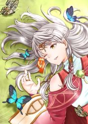 Rule 34 | 1girl, aplche, bare shoulders, bird, bug, butterfly, circlet, detached sleeves, fire emblem, fire emblem: radiant dawn, gem, grass, hair tubes, bug, long hair, long sleeves, lying, micaiah (fire emblem), nintendo, on back, one eye closed, parted lips, silver hair, turtleneck, yellow eyes, yune (fire emblem)
