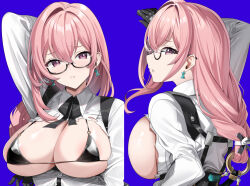 1girl :o areola_slip black_gloves breast_press breasts commentary glasses gloves hair_between_eyes highres hiroki_(hirokiart) large_breasts long_hair no_bra open_mouth pink_eyes pink_hair shirt sidelocks symbol-only_commentary tsukishiro_yanagi unbuttoned unbuttoned_shirt white_shirt zenless_zone_zero