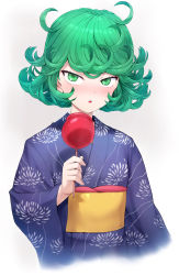 Rule 34 | 1girl, blue kimono, candy, candy apple, commentary request, curly hair, floral print, food, green eyes, green hair, highres, holding, holding candy, holding food, japanese clothes, kimono, looking at viewer, mogudan, obi, one-punch man, print kimono, sash, solo, tatsumaki, upper body, white background, wide sleeves, yukata