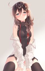 Rule 34 | 1girl, ahoge, bare shoulders, black skirt, black thighhighs, blue eyes, blush, braid, breasts, brown hair, closed mouth, hair between eyes, hair flaps, hair ornament, highres, kantai collection, long sleeves, looking at viewer, medium breasts, messy hair, naoto (tulip), navel, off-shoulder shirt, off shoulder, official alternate costume, ribbon, shigure (kancolle), shigure kai ni (kancolle), shirt, simple background, single braid, skirt, sleeveless, sleeveless shirt, solo, thighhighs