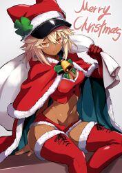 Rule 34 | 1girl, absurdres, adapted costume, bandaged arm, bandages, blonde hair, breasts, capelet, clover, dark-skinned female, dark skin, four-leaf clover, fur trim, guilty gear, guilty gear strive, hair between eyes, highres, holding, holding sack, large breasts, long hair, looking at viewer, merry christmas, navel, orange eyes, ramlethal valentine, red bandage, red capelet, red headwear, red shorts, sack, santa costume, short shorts, shorts, simple background, sowel (sk3)
