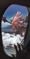 Rule 34 | 1girl, absurdres, airplane interior, alternate costume, asymmetrical bangs, blonde hair, blush, breasts, closed eyes, cloud, commentary, day, dragon girl, dragon horns, dragon tail, dragon wings, dress, english commentary, fangs, flying, full body, grey dress, happy, highres, hololive, horns, jewelry, kiryu coco, long hair, looking at viewer, medium breasts, mountain, multicolored hair, open mouth, orange hair, pendant, pov, sidelocks, smile, solo focus, streaked hair, tail, teeth, torn clothes, torn dress, two-tone hair, upper teeth only, v-shaped eyebrows, virtual youtuber, window, wings, xiaoju xiaojie