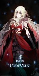 Rule 34 | 1girl, asymmetrical clothes, belt, black legwear, breasts, code vein, eva roux, flower, fur collar, grey eyes, highres, kurumi kobayashi, large breasts, looking at viewer, multicolored hair, official art, open mouth, parted lips, platinum blonde hair, scar, simple background, tagme