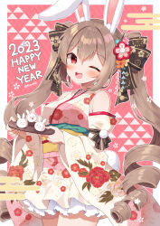 Rule 34 | 1girl, 2023, ;d, animal ear fluff, animal ears, bare shoulders, black bow, blush, bow, breasts, brown hair, chinese zodiac, commentary request, detached sleeves, egasumi, floral print, hair between eyes, hair bow, happy new year, holding, holding tray, japanese clothes, kimono, long hair, long sleeves, looking at viewer, mauve, medium breasts, new year, obi, one eye closed, open mouth, original, pink background, print kimono, print sleeves, rabbit ears, red eyes, ringlets, sash, sleeveless, sleeveless kimono, smile, solo, tray, twintails, very long hair, white kimono, wide sleeves, year of the rabbit