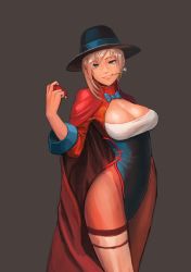 Rule 34 | 1girl, absurdres, bad id, bad pixiv id, bi-gwang, blonde hair, blue eyes, breasts, cape, card, cleavage, cowboy shot, dice, dice earrings, earrings, fedora, framed breasts, grey background, hat, hero warz, herowarz, highleg, highleg leotard, highres, jewelry, large breasts, leotard, long hair, looking at viewer, mole, mole under mouth, playing card, red cape, simple background, smile, solo, tamidro, thighs