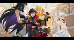 Rule 34 | 4girls, :d, ;d, arms behind back, belt, belt buckle, black border, black dress, black gloves, black hair, black pantyhose, black shorts, blake belladonna, blonde hair, blue dress, blue eyes, blush, border, breasts, brown belt, buckle, cleavage, closed eyes, closed mouth, collarbone, colored inner hair, cowboy shot, crossed arms, day, dress, fingerless gloves, floating hair, frilled sleeves, frills, gloves, gradient dress, gradient hair, grey eyes, highres, jewelry, large breasts, layered dress, pantyhose under shorts, letterboxed, long hair, long sleeves, medium breasts, midriff, multicolored hair, multiple girls, navel, one eye closed, open mouth, orange scarf, outdoors, pantyhose, pendant, purple hair, red hair, ruby rose, rwby, scarf, short dress, short hair, short shorts, shorts, shrug (clothing), side ponytail, small breasts, smile, standing, stomach, thigh gap, two-tone hair, underbust, very long hair, wang xiao jun, weiss schnee, white dress, white hair, white shorts, yang xiao long, yellow eyes