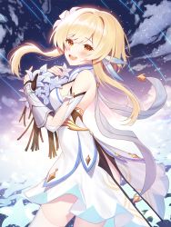 Rule 34 | 1girl, :d, arm guards, blonde hair, blush, commentary request, detached sleeves, dress, flower, from side, genshin impact, hair between eyes, hair flower, hair ornament, head tilt, highres, kyundoo, looking at viewer, looking to the side, lumine (genshin impact), night, night sky, open mouth, scarf, short hair, sidelocks, sky, smile, solo, star (sky), starry sky, white dress, white scarf, yellow eyes