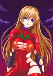 Rule 34 | 1girl, absurdres, bacillus, blue eyes, bodysuit, breasts, brown hair, curvy, evangelion: 3.0+1.0 thrice upon a time, hair down, hair ornament, highres, interface headset, large breasts, long hair, looking at viewer, neon genesis evangelion, night, night sky, open mouth, plugsuit, rebuild of evangelion, red bodysuit, shiny clothes, simple background, skin tight, sky, solo, souryuu asuka langley, torn bodysuit, torn clothes, very long hair