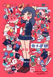 Rule 34 | 1girl, absurdres, black hair, blush stickers, box, brown footwear, collared shirt, cup, doughnut, food, ghost, gift, gift box, glasses, gloves, heart, highres, holding, holding box, leaf, light bulb, long hair, long sleeves, mug, no nose, original, panties, pink bag, pleated skirt, red background, rubik&#039;s cube, shirt, shoes, sizucomaru, skirt, socks, solo, standing, sushi, sweatdrop, sweater, thank you, underwear