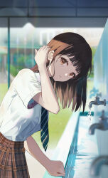 Rule 34 | 1girl, absurdres, blurry, blurry background, breasts, brown eyes, brown hair, diagonal-striped clothes, diagonal-striped necktie, faucet, grabbing own hair, highres, hyonee, long hair, looking at viewer, medium breasts, necktie, original, pleated skirt, school uniform, shirt, short sleeves, skirt, solo, striped clothes