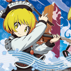 Rule 34 | 1girl, beamed eighth notes, black hat, blonde hair, blue background, bow (music), closed mouth, crescent, crescent hat ornament, frilled hat, frills, gradient background, hat, hat ornament, holding, holding instrument, holding violin, instrument, kijimoto yuuhi, long sleeves, looking at viewer, lunasa prismriver, musical note, short hair, smile, solo, star (symbol), touhou, touhou cannonball, upper body, violin, yellow eyes