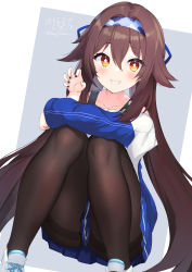 Rule 34 | 1girl, absurdres, black pantyhose, blue skirt, blush, breasts, brown hair, cleavage, flower-shaped pupils, genshin impact, hair ornament, hairband, highres, hu tao (genshin impact), hu tao (lawson) (genshin impact), jacket, looking at viewer, medium breasts, ochinsama, open mouth, pantyhose, red eyes, shirt, simple background, skirt, symbol-shaped pupils, thighs, twintails, yellow eyes