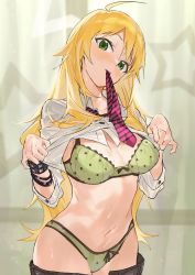 Rule 34 | 1girl, ahoge, belt, blonde hair, blurry, blurry background, blush, bow, bow bra, bow panties, bra, breasts, breasts apart, buttons, clothes lift, clothes pull, collarbone, collared shirt, commentary, cowboy shot, diagonal-striped clothes, diagonal-striped necktie, diagonal-striped neckwear, dress shirt, green background, green bra, green eyes, green panties, hands up, head tilt, highres, hoshii miki, idolmaster, idolmaster (classic), idolmaster million live!, lifted by self, long hair, looking at viewer, medium breasts, mouth hold, navel, necktie, necktie in mouth, nose blush, panties, pants, pants pull, parted lips, perorin, pink necktie, polka dot, polka dot bra, polka dot panties, shirt, shirt lift, sleeves past elbows, solo, standing, star (symbol), starry background, stomach, striped clothes, striped necktie, striped neckwear, studded bracelet, sweat, underwear, very long hair, white shirt, wristband