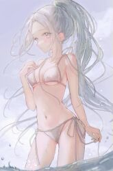 Rule 34 | 1girl, absurdres, bare shoulders, bikini, blush, breasts, breasts apart, day, double-parted bangs, forehead, from side, grey eyes, grey hair, groin, hand on own chest, high ponytail, highres, kumagai yuka, legs apart, long hair, looking at viewer, medium breasts, navel, original, outdoors, parted lips, raised eyebrows, side-tie bikini bottom, solo, stomach, string bikini, swimsuit, very long hair, wading, water, white bikini