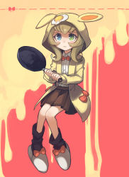 Rule 34 | 10s, 1girl, animal ears, animal hood, black socks, blonde hair, blue eyes, blush stickers, bow, bowtie, brown skirt, buttons, collared shirt, danganronpa (series), danganronpa 3 (anime), egg, egg (food), fake animal ears, flat chest, flipped hair, food, food on head, frying pan, full body, green eyes, heterochromia, holding, honzumaru, hood, hoodie, invisible chair, long sleeves, looking at viewer, loose socks, miniskirt, object on head, open clothes, open hoodie, parted lips, pleated skirt, rabbit ears, rabbit hood, raised eyebrows, red background, red bow, red bowtie, sad, school uniform, shirt, simple background, sitting, skirt, slippers, socks, solo, sunny side up egg, tearing up, two-tone background, umesawa aiko, white shirt, yellow background