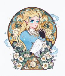 Rule 34 | 1girl, blonde hair, blue dress, blue eyes, commentary, dress, english commentary, fingerless gloves, flower, gloves, hair ornament, hairclip, highres, long hair, looking at viewer, mamobot, nintendo, own hands together, pointy ears, portrait, princess zelda, smile, solo, symbol-only commentary, the legend of zelda, triforce, white background