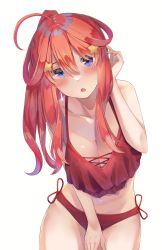 Rule 34 | 1girl, absurdres, ahoge, bare shoulders, bikini, blue eyes, blush, breasts, cleavage, collarbone, commentary, go-toubun no hanayome, hair between eyes, hair ornament, highres, large breasts, long hair, looking at viewer, nakano itsuki, open mouth, red bikini, red hair, side-tie bikini bottom, simple background, solo, star (symbol), star hair ornament, swimsuit, white background, yuunamida uyu