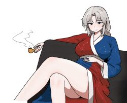 Rule 34 | 1girl, alternate costume, blue eyes, breasts, closed mouth, cocktiel77, commentary request, constellation print, crossed legs, grey hair, hand on own stomach, holding, holding smoking pipe, japanese clothes, kimono, korean commentary, large breasts, light blush, long hair, looking at viewer, no headwear, parted bangs, sitting, smoke, smoke trail, smoking pipe, solo, thighs, touhou, two-tone dress, white background, wide sleeves, yagokoro eirin, yukata