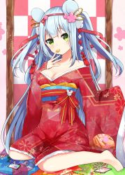 Rule 34 | 1girl, animal ears, bare shoulders, blue hair, bow, breasts, chinese zodiac, cleavage, collarbone, commentary request, floral print, flower, full body, hair flower, hair ornament, hand up, japanese clothes, kimono, long hair, long sleeves, looking at viewer, maki soutoki, medium breasts, mouse ears, obi, off shoulder, original, pink flower, print kimono, red bow, red kimono, sash, sitting, sleeves past fingers, sleeves past wrists, solo, two side up, very long hair, wariza, year of the rat