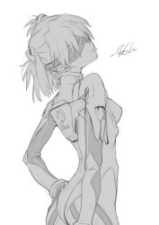 Rule 34 | 1girl, alternate hairstyle, artist request, ass, blindfold, bodysuit, breasts, evangelion: 3.0+1.0 thrice upon a time, hand on own hip, interface headset, looking back, medium breasts, medium hair, monochrome, neon genesis evangelion, pilot suit, plugsuit, rebuild of evangelion, shiny clothes, simple background, solo, souryuu asuka langley, tongue, tongue out, white background