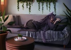 Rule 34 | 1girl, closed eyes, couch, cushion, highres, hololive, hololive english, indoors, long hair, lying, nalumia, ninomae ina&#039;nis, ninomae ina&#039;nis (casual), on couch, pantyhose, plant, pointy ears, potted plant, purple hair, sleeping, tentacle hair, virtual youtuber