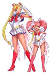 Rule 34 | 1990s (style), 2girls, arm up, armpits, bare legs, bishoujo senshi sailor moon, blonde hair, blue eyes, boots, chibi usa, choker, double bun, earrings, elbow gloves, full body, gloves, hair bun, hand on own hip, happy, heart, heart choker, heart necklace, high heel boots, high heels, jewelry, knee boots, long hair, looking at viewer, magical girl, miniskirt, mother and daughter, multicolored clothes, multicolored skirt, multiple girls, neck, necklace, one eye closed, open mouth, parted bangs, pink footwear, pink hair, pleated skirt, red eyes, red footwear, retro artstyle, ryu (ryu&#039;s form site), sailor chibi moon, sailor moon, salute, school uniform, serafuku, short hair, short sleeves, skirt, smile, standing, super sailor chibi moon, super sailor moon, tiara, tsukino usagi, twintails, very long hair, white gloves, white skirt, wink, yellow choker
