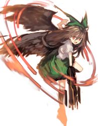 Rule 34 | &gt;:d, 1girl, :d, alternate weapon, arm cannon, bad id, bad twitter id, black wings, brown hair, full body, hair ornament, hair ribbon, kokaki mumose, leg up, long hair, looking at viewer, open mouth, puffy sleeves, red eyes, reiuji utsuho, ribbon, shirt, short sleeves, simple background, skirt, smile, solo, touhou, v-shaped eyebrows, weapon, white background, wings