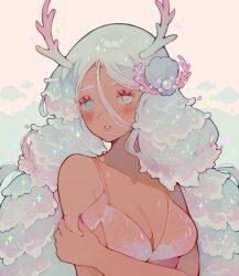 Rule 34 | 1girl, antlers, bikini, blue eyes, blue hair, blush stickers, breasts, cleaver, commentary, commission, dark-skinned female, dark skin, english commentary, eyelashes, frilled sleeves, frills, gem, hand on own arm, highres, horns, large breasts, light blush, lipstick, liquid hair, littlebluemuffin, long hair, looking at viewer, makeup, nail polish, original, parted lips, pearl (gemstone), pink bikini, pink lips, red nails, reindeer antlers, see-through bikini, shell hair ornament, short sleeves, sparkle, swimsuit, teeth, thick eyebrows, upper body, very long hair, wet, yellow background