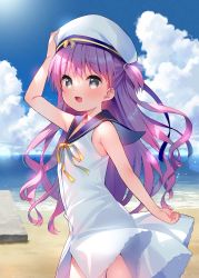 Rule 34 | 1girl, :d, absurdres, arm up, bare arms, bare shoulders, beret, blue sailor collar, blue sky, cloud, cloudy sky, collarbone, commentary request, day, dress, grey eyes, hat, highres, horizon, katou umi, long hair, meito (maze), neck ribbon, ocean, open mouth, outdoors, pink hair, ribbon, sailor collar, sailor dress, sky, sleeveless, sleeveless dress, smile, solo, summer pockets, two side up, very long hair, water, white dress, white hat, yellow ribbon