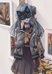 Rule 34 | 1girl, arm at side, black choker, black sclera, black skirt, blue hair, bouquet, cat mask, choker, clenched hand, colored sclera, covering face, film grain, flower, grey jacket, hair ribbon, hand up, highres, holding, holding bouquet, holding mask, hololive, hood, hood down, hooded jacket, hoshimachi suisei, hoshimachi suisei (school uniform), indoors, jacket, kyrl, long sleeves, mask, multicolored ribbon, neckerchief, open clothes, open jacket, painting (object), pleated skirt, purple ribbon, purple sailor collar, purple shirt, purple skirt, ribbon, sailor collar, school uniform, shirt, skirt, sleeve cuffs, solo, strap, tassel, upper body, virtual youtuber, white background, yellow eyes, yellow neckerchief, yellow ribbon