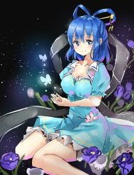 Rule 34 | 1girl, bad id, bad pixiv id, blue dress, blue eyes, blue flower, blue hair, blush, breasts, bug, butterfly, cleavage, collarbone, dark background, dress, flower, foot out of frame, hagoromo, hair ornament, hair rings, hair stick, highres, insect, kaku seiga, light particles, light smile, looking at viewer, medium breasts, puffy short sleeves, puffy sleeves, shawl, shironeko yuuki, short hair, short sleeves, simple background, sitting, solo, touhou, vest