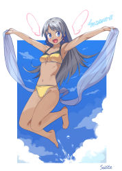 Rule 34 | 1girl, :d, armpits, artist name, bare legs, barefoot, bikini, blue eyes, breasts, collarbone, dark-skinned female, dark skin, earrings, full body, grey hair, highres, jewelry, jumping, long hair, looking at viewer, navel, open mouth, original, outstretched arms, saiste, shawl, small breasts, smile, solo, spread arms, stomach, swimsuit, yellow bikini
