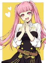 Rule 34 | 1girl, akasata, belt, blush, breasts, female focus, fire emblem, fire emblem: three houses, garreg mach monastery uniform, own hands clasped, heart, highres, hilda valentine goneril, long hair, matching hair/eyes, nintendo, open mouth, own hands together, pink eyes, pink hair, simple background, smile, solo, twintails, uniform, yellow background
